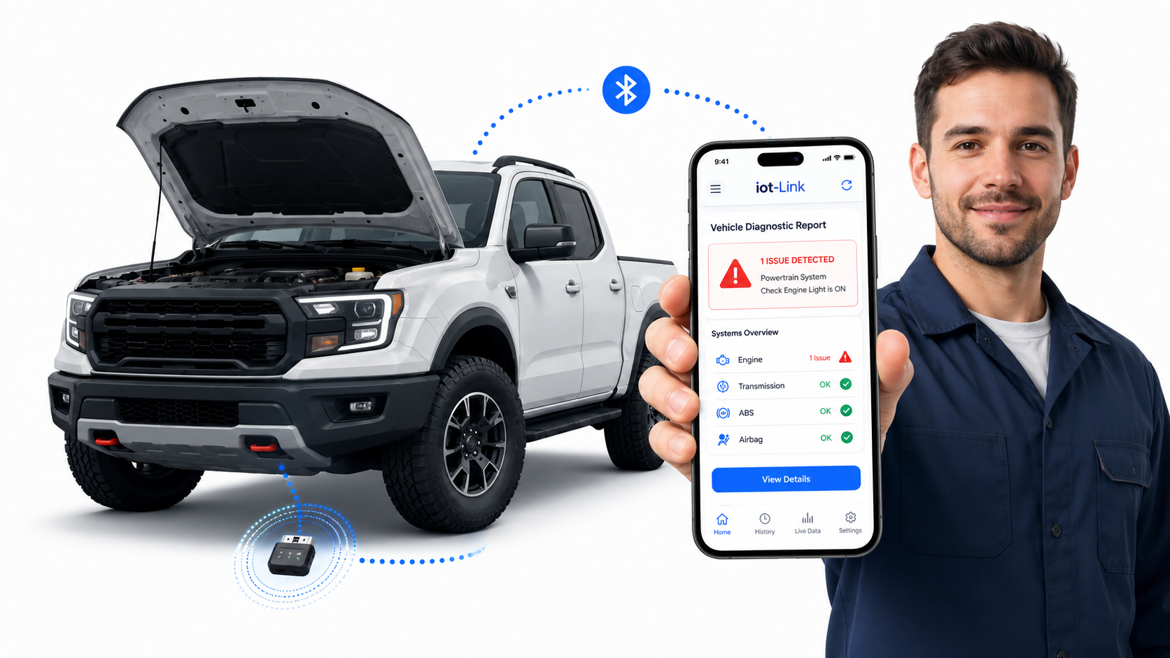 Technician using a smartphone app connected via Bluetooth to a vehicle diagnostic device